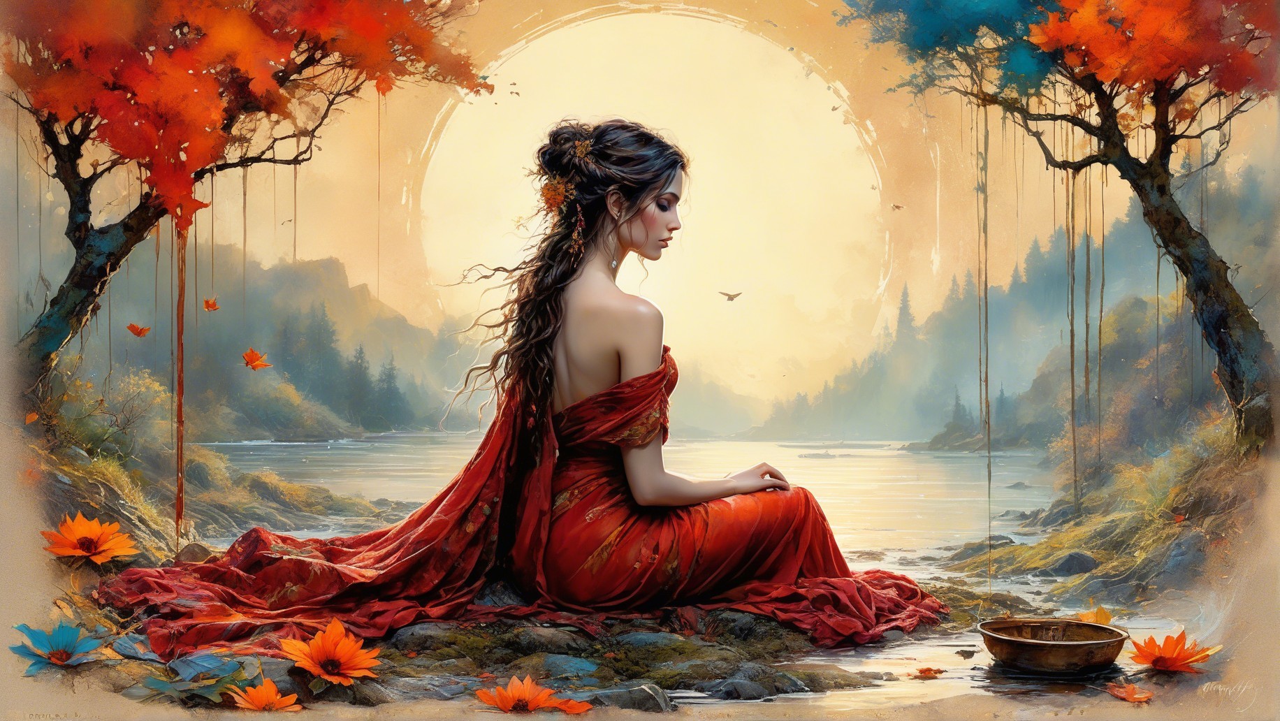 Serene Woman in Red Dress by Tranquil Lake in Autumn