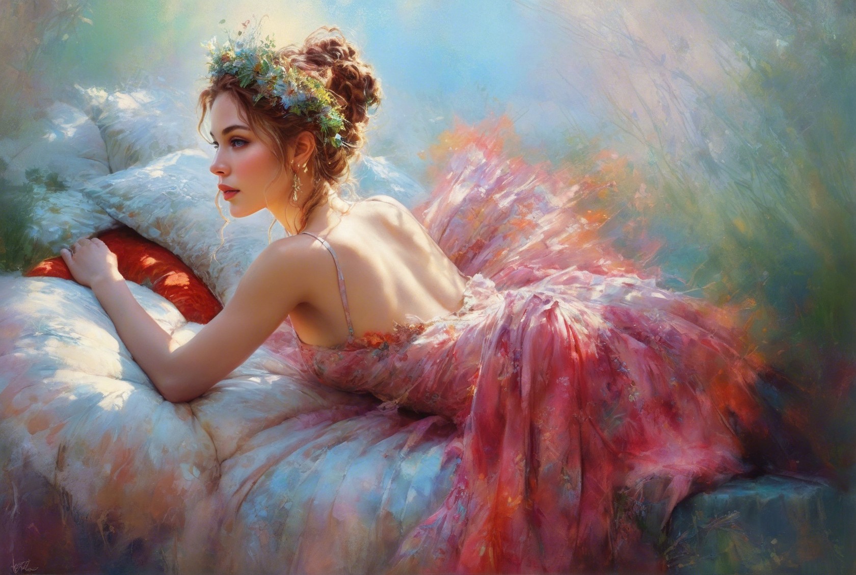 Ethereal Woman on Pastel Bed with Floral Accents