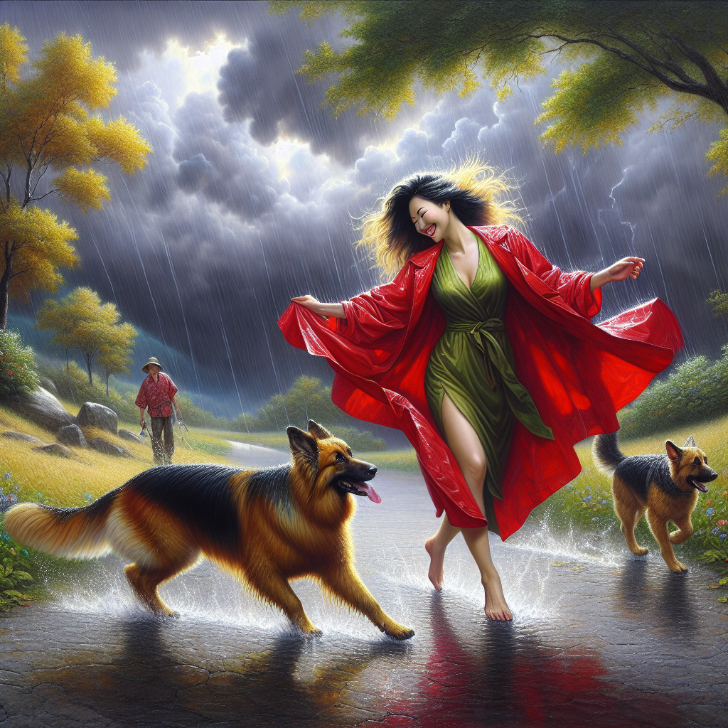 Joyful Woman in Red Robe Dancing in Rain with Dogs