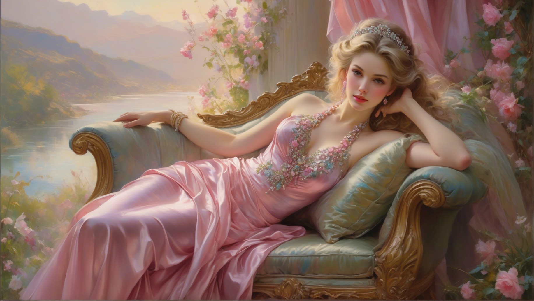 Serene Woman in Pink Gown on Ornate Sofa with Roses