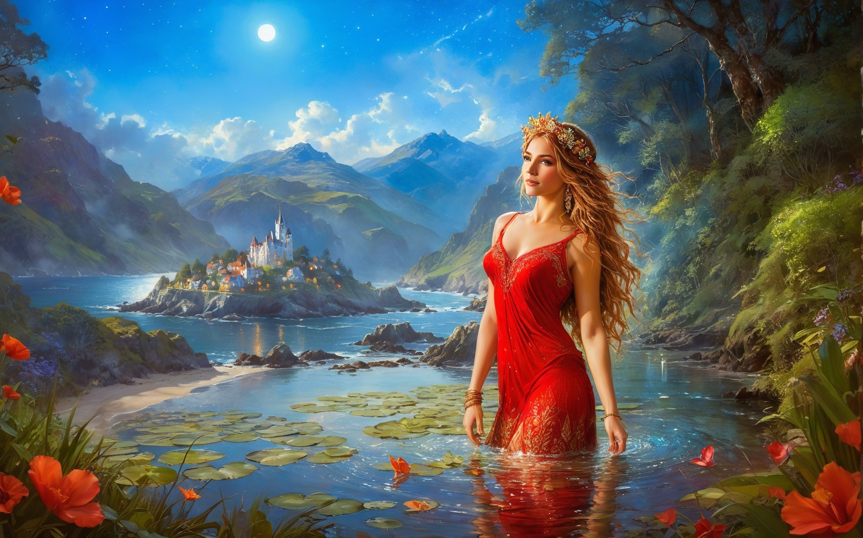 Woman in Red Gown Wading Through Serene Waters