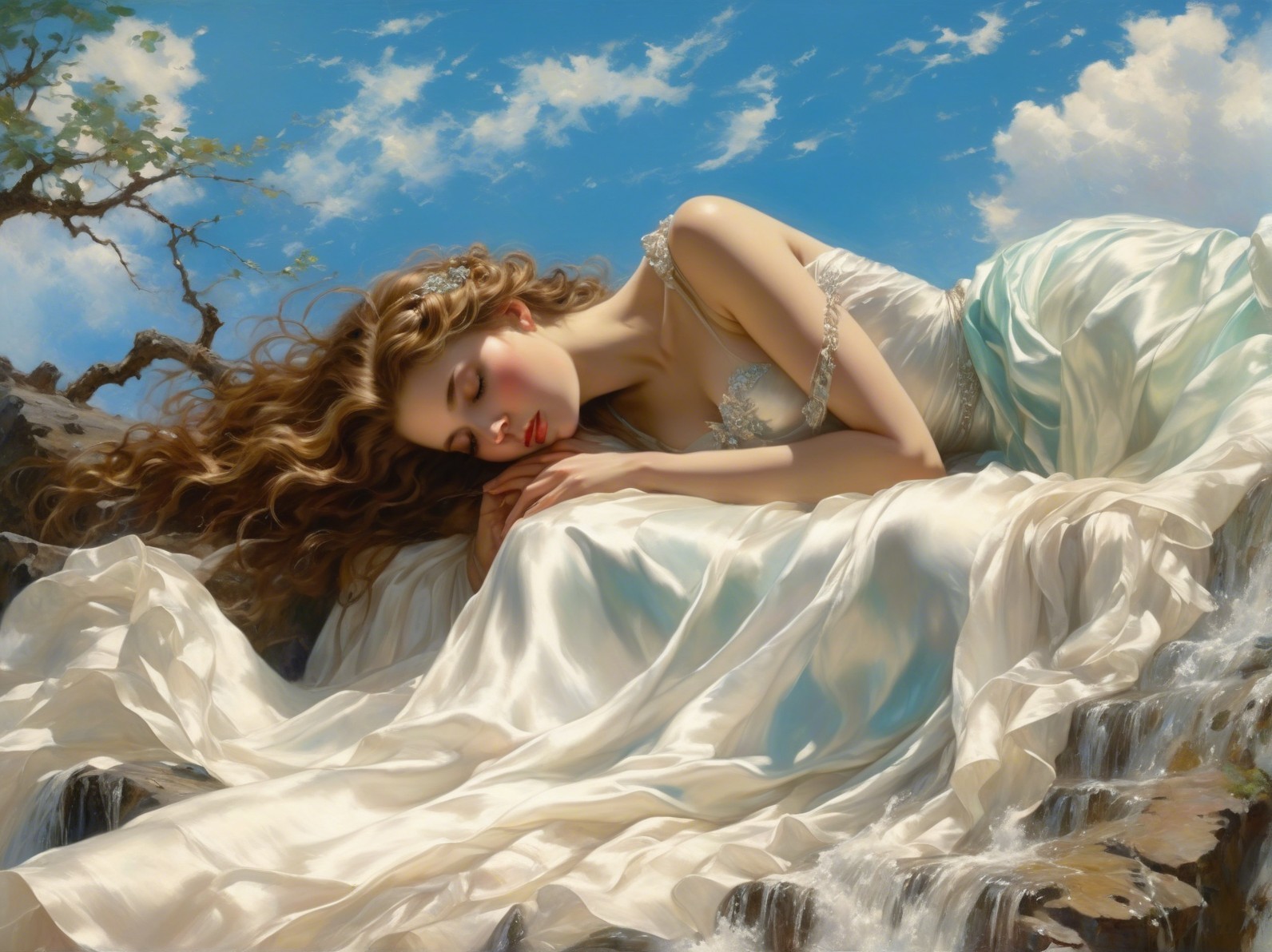Serene Scene of a Woman on a Rocky Ledge