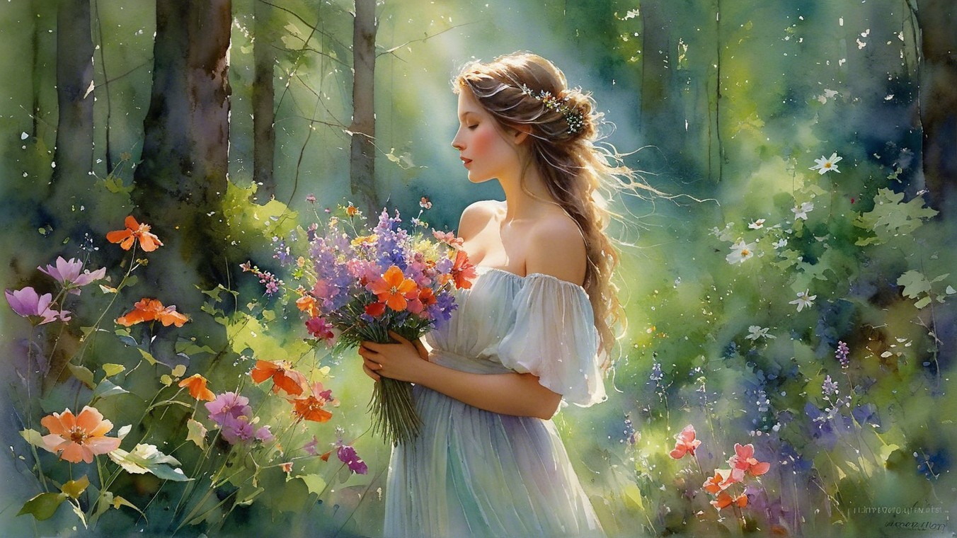 Young Woman in Sunlit Forest with Wildflowers