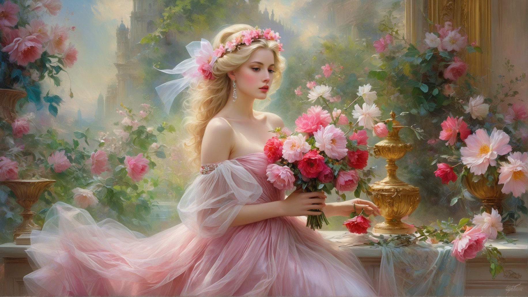 Young Woman in Pink Gown in Lush Garden Setting