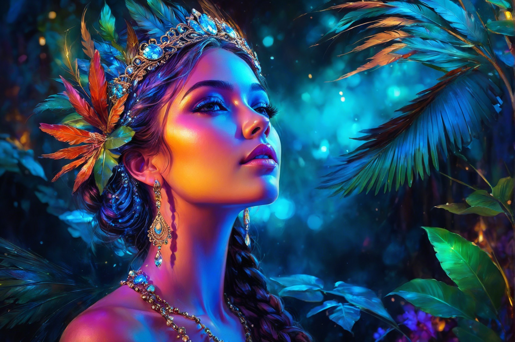 Portrait of a woman with feather crown in tropical setting