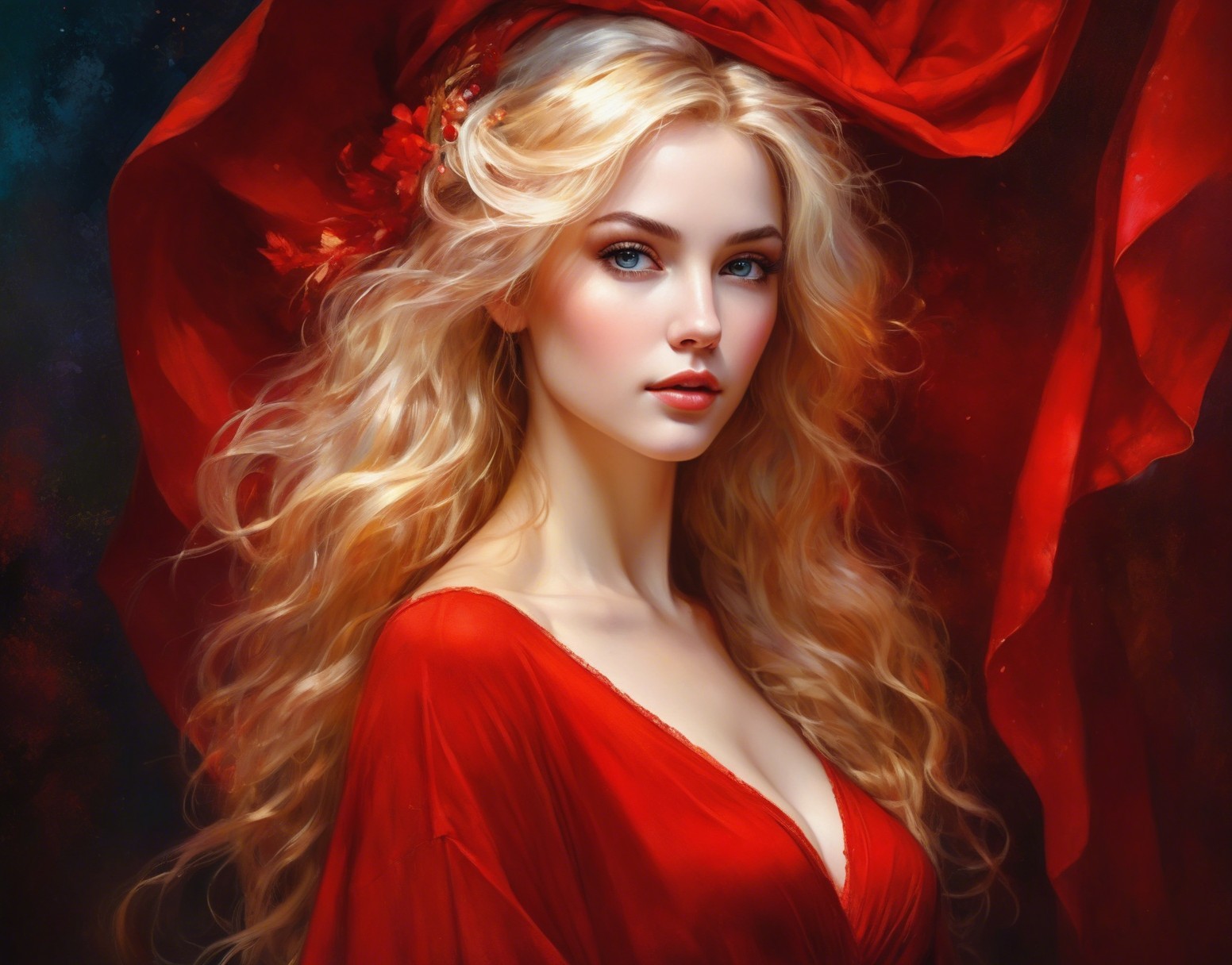 Young woman in red dress with flowers and soft lighting