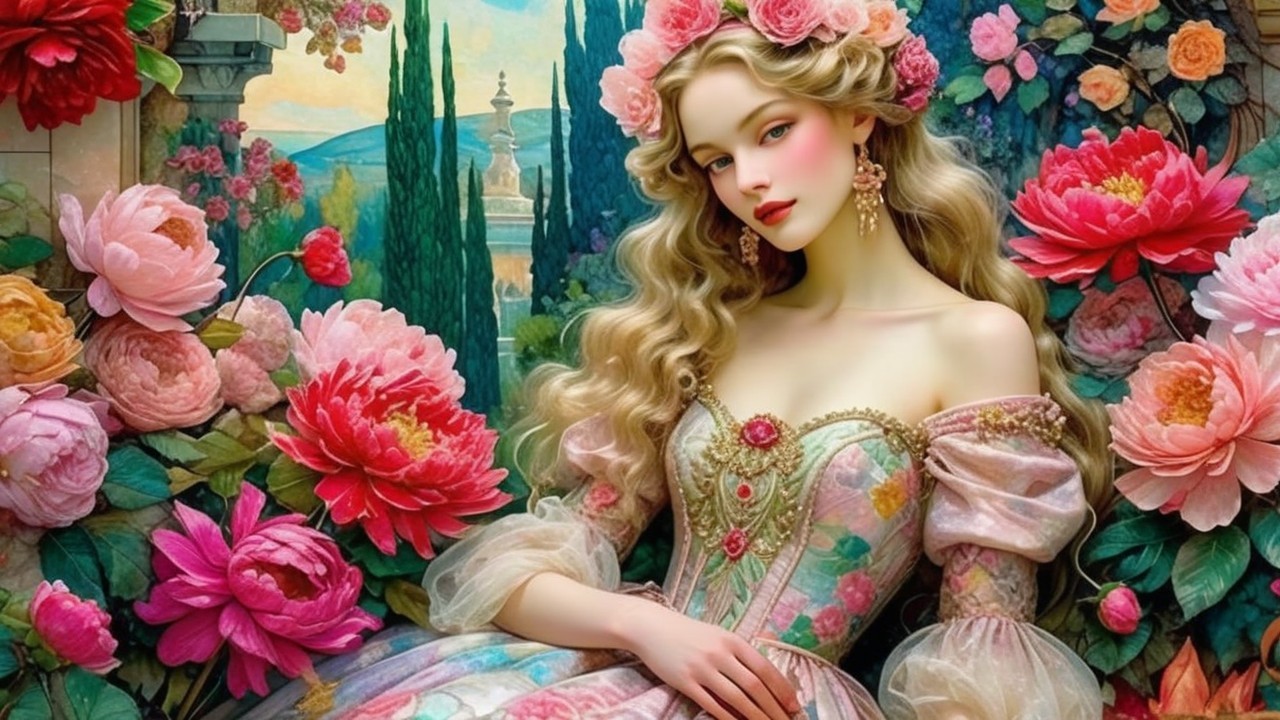 Young woman in floral gown in lush garden setting