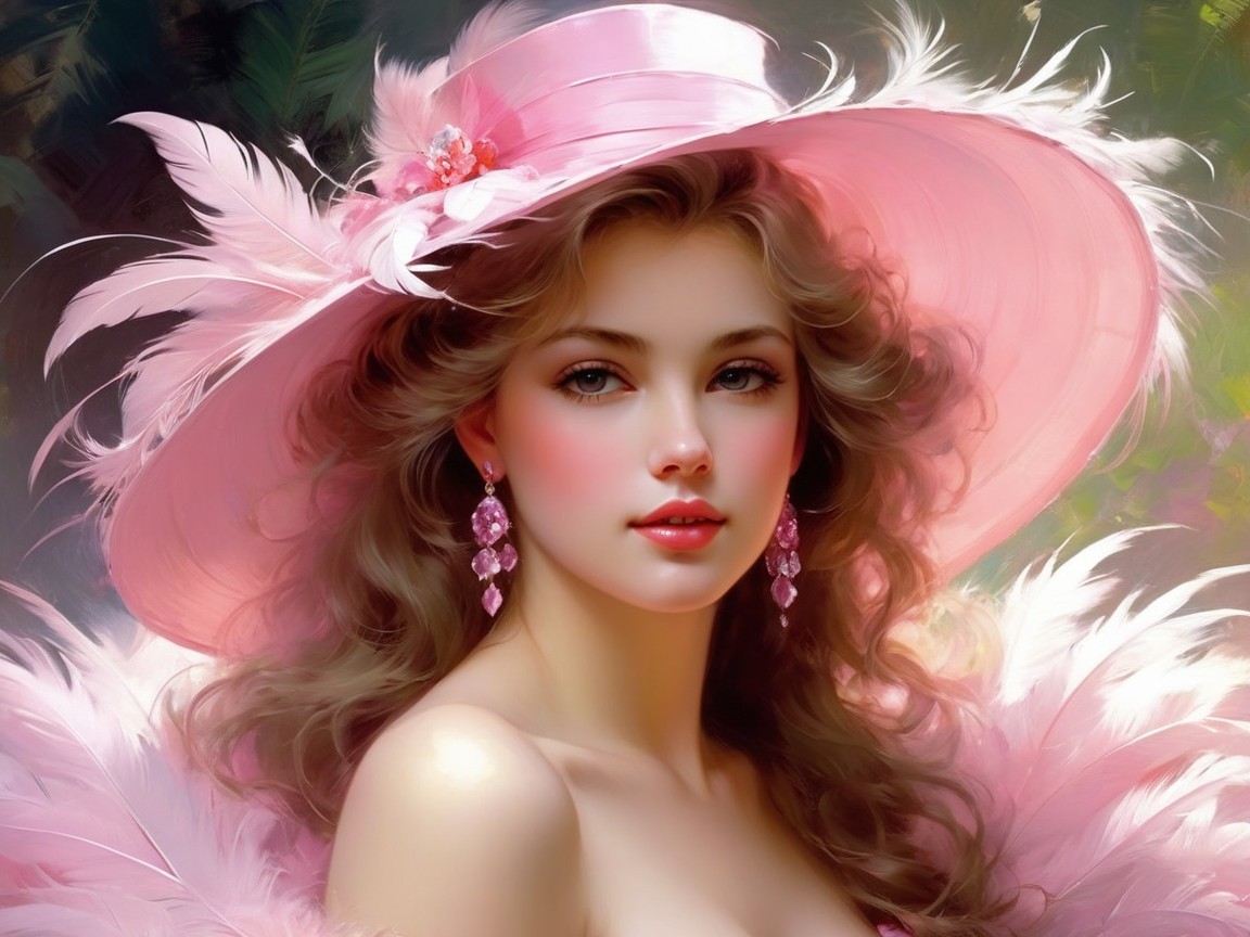 Young Woman in Elegant Pink Hat with Ethereal Beauty