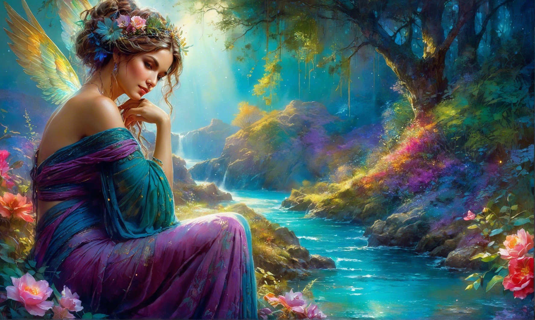 Fairy by a Blue River in a Magical Landscape