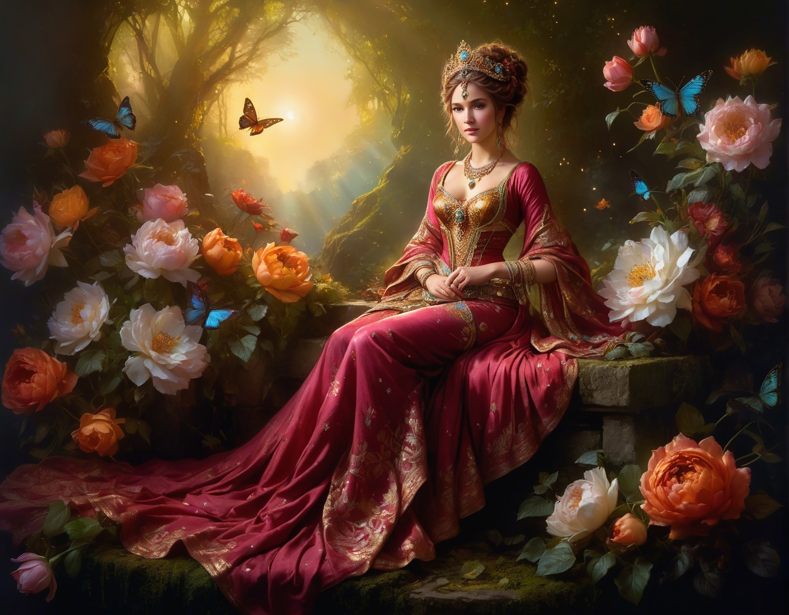 Mystical Garden with Woman in Elegant Red Gown