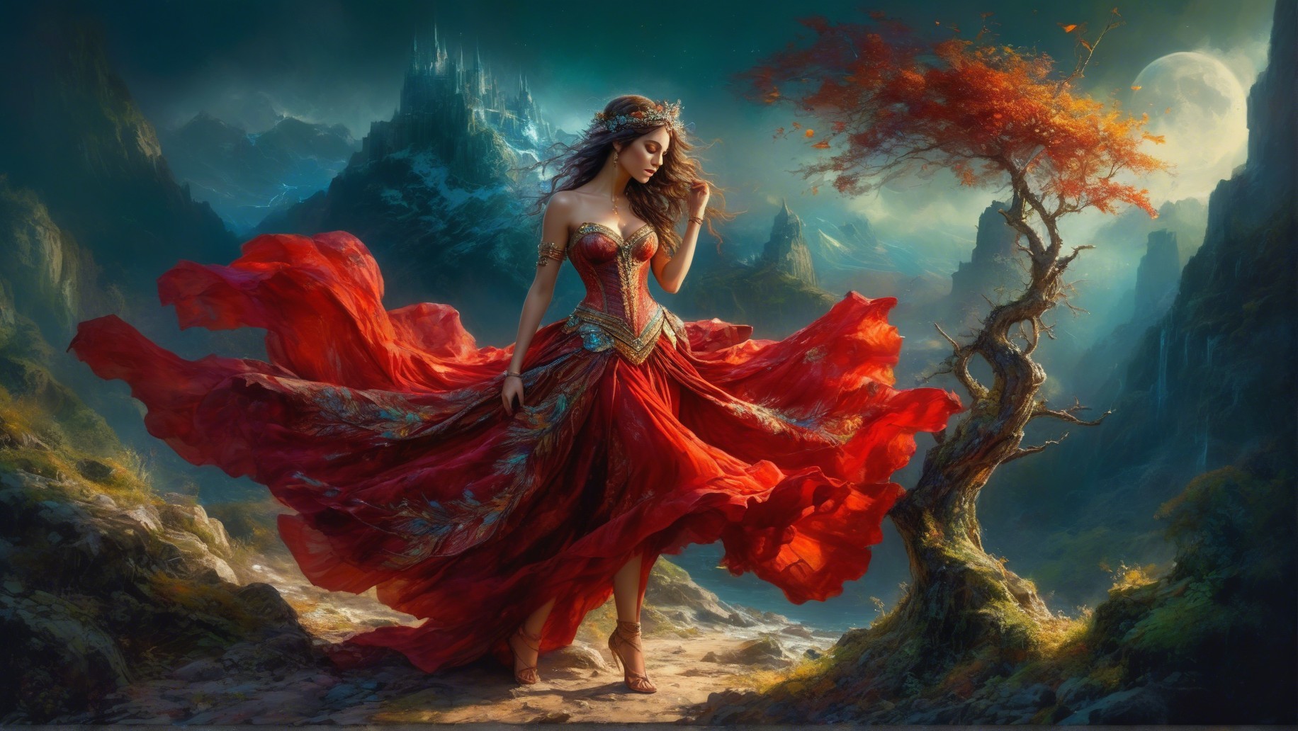 Digital Artwork of a Woman in a Red Dress in Fantasy Landscape