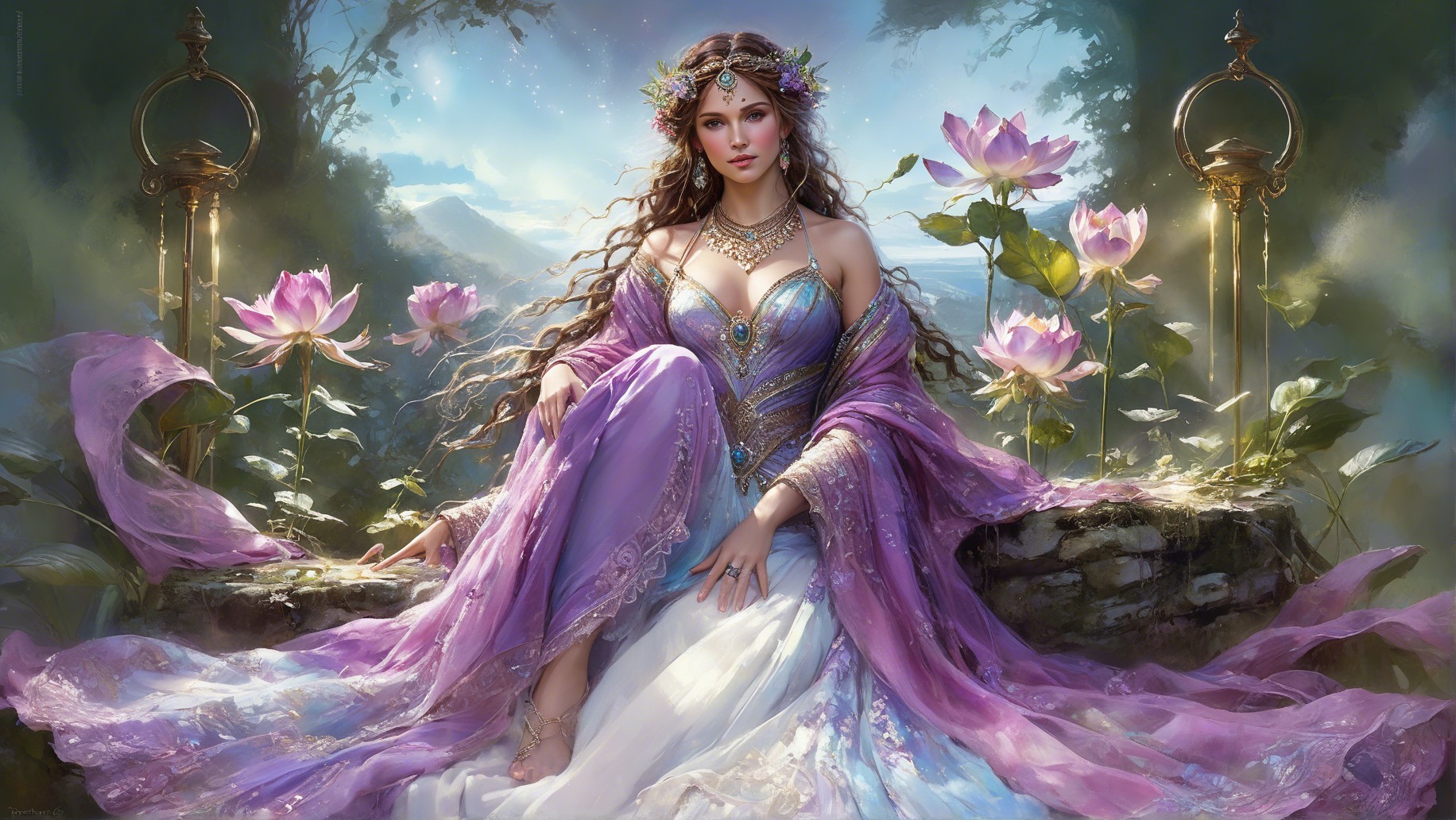 Ethereal Figure Surrounded by Lotus Flowers in Landscape