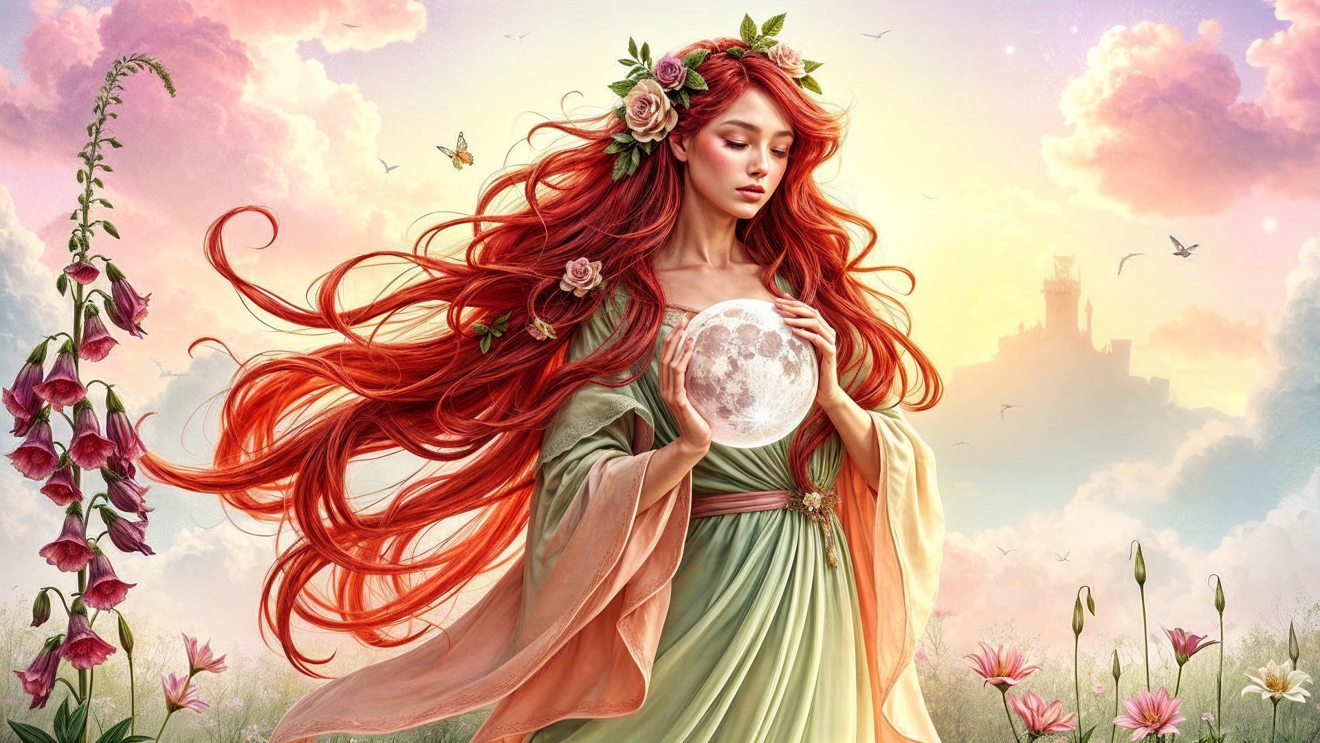 Mystical figure in a vibrant, dreamy landscape