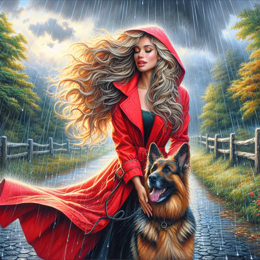 Woman in red raincoat with German Shepherd in rain