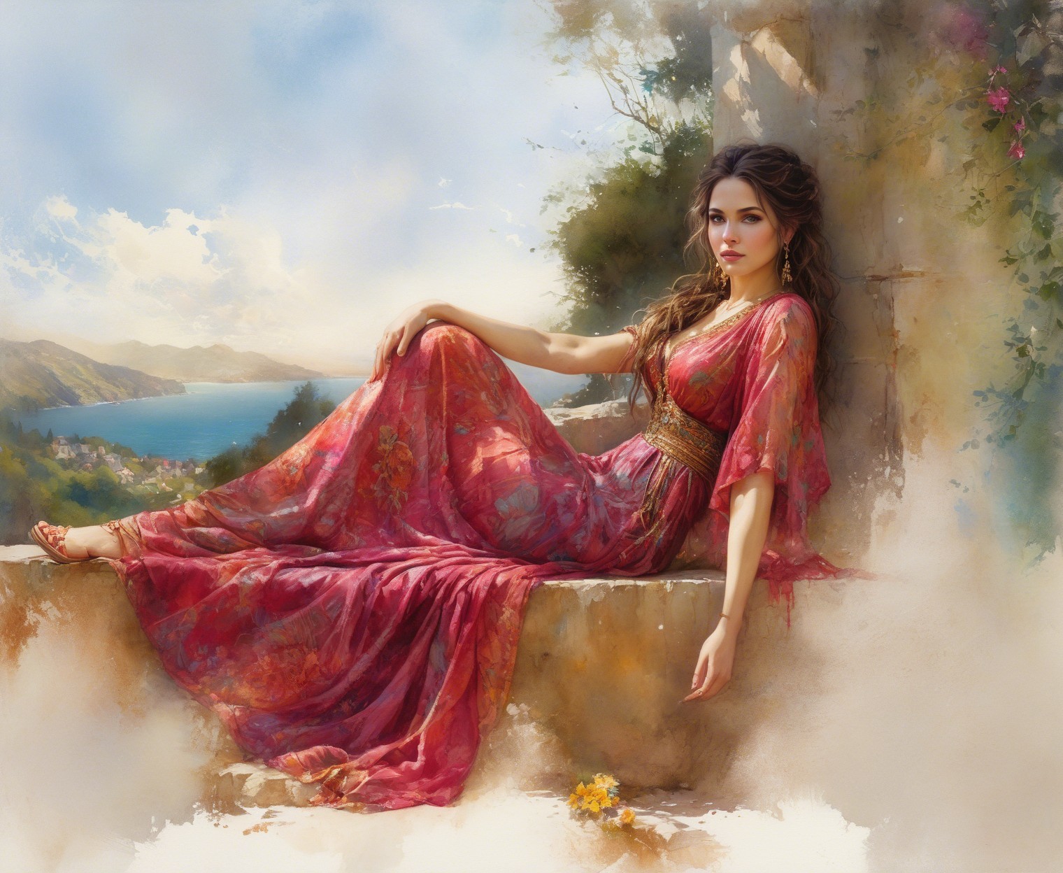 Woman in Pink Dress Overlooking Serene Landscape