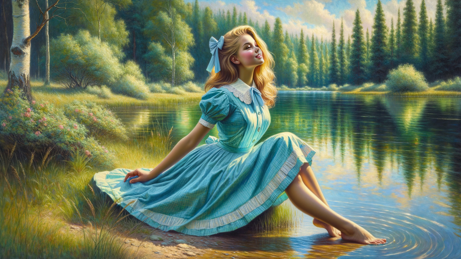 Young Woman by Tranquil Lake in Vintage Dress