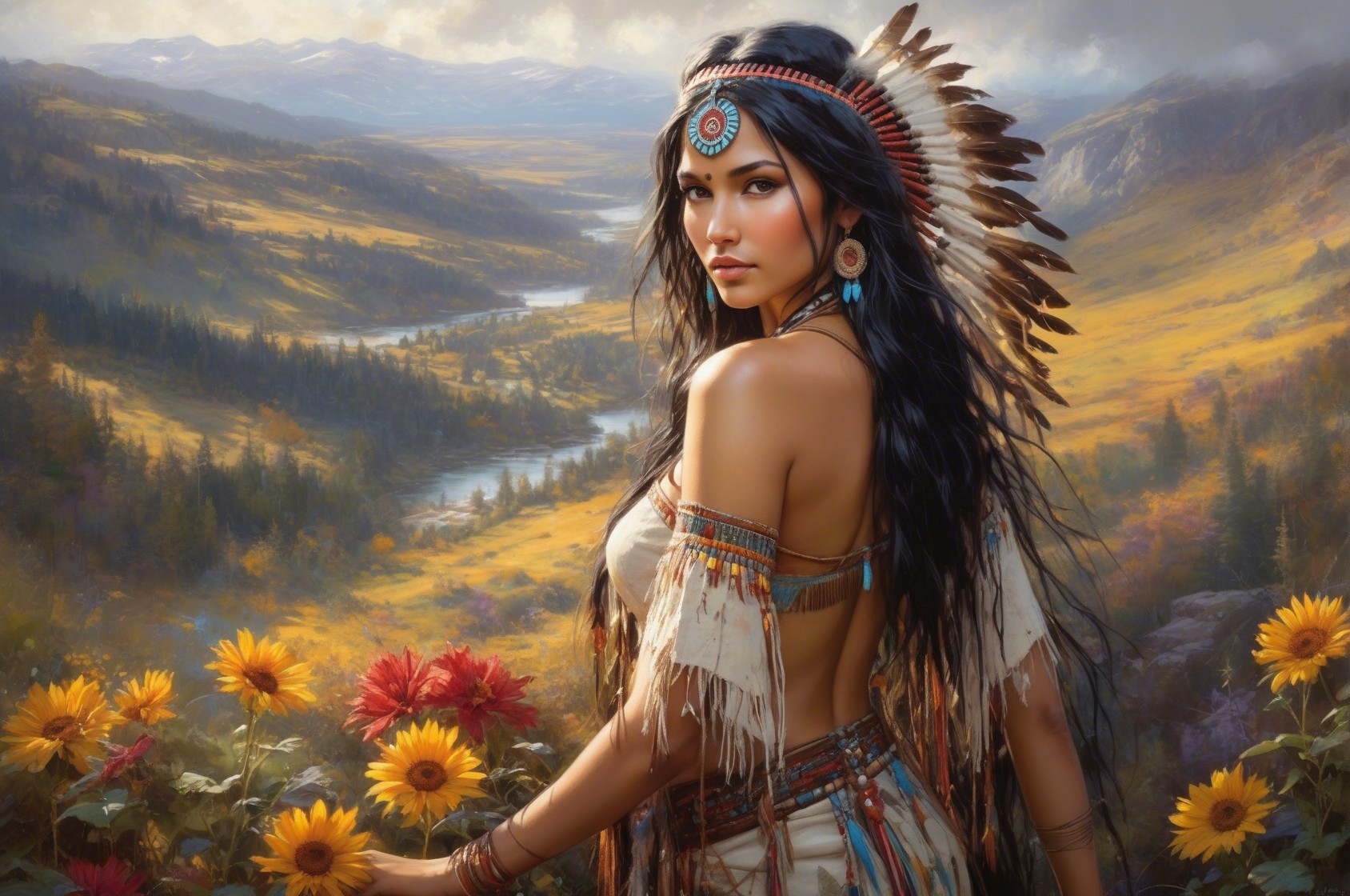Young Woman in Traditional Attire in Sunlit Landscape