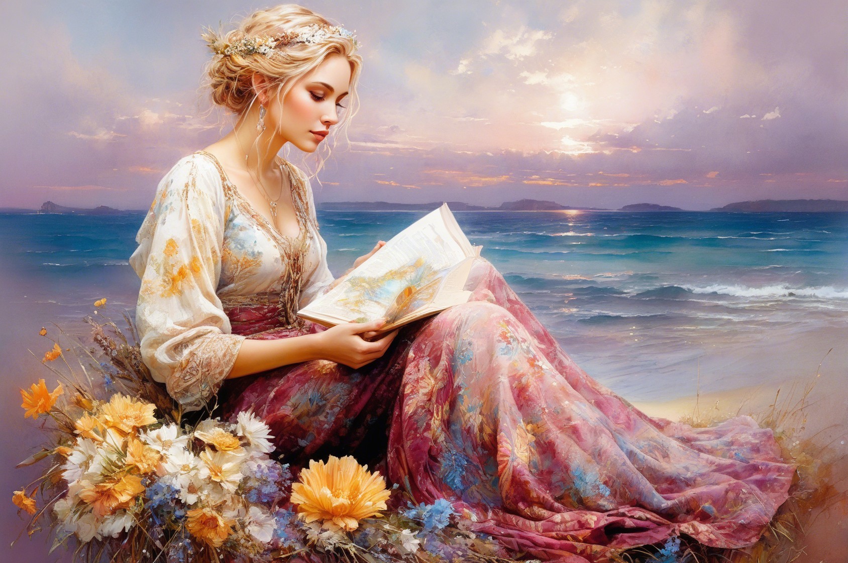 Serene Woman Reading by the Shore at Sunset
