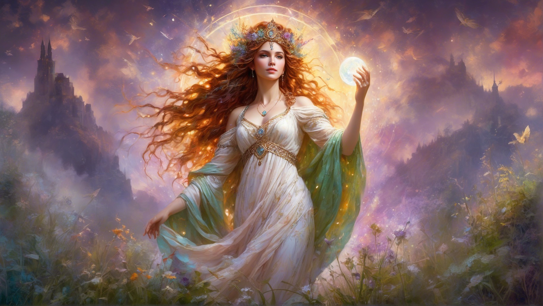 Mystical Woman in Enchanted Landscape with Glowing Orb