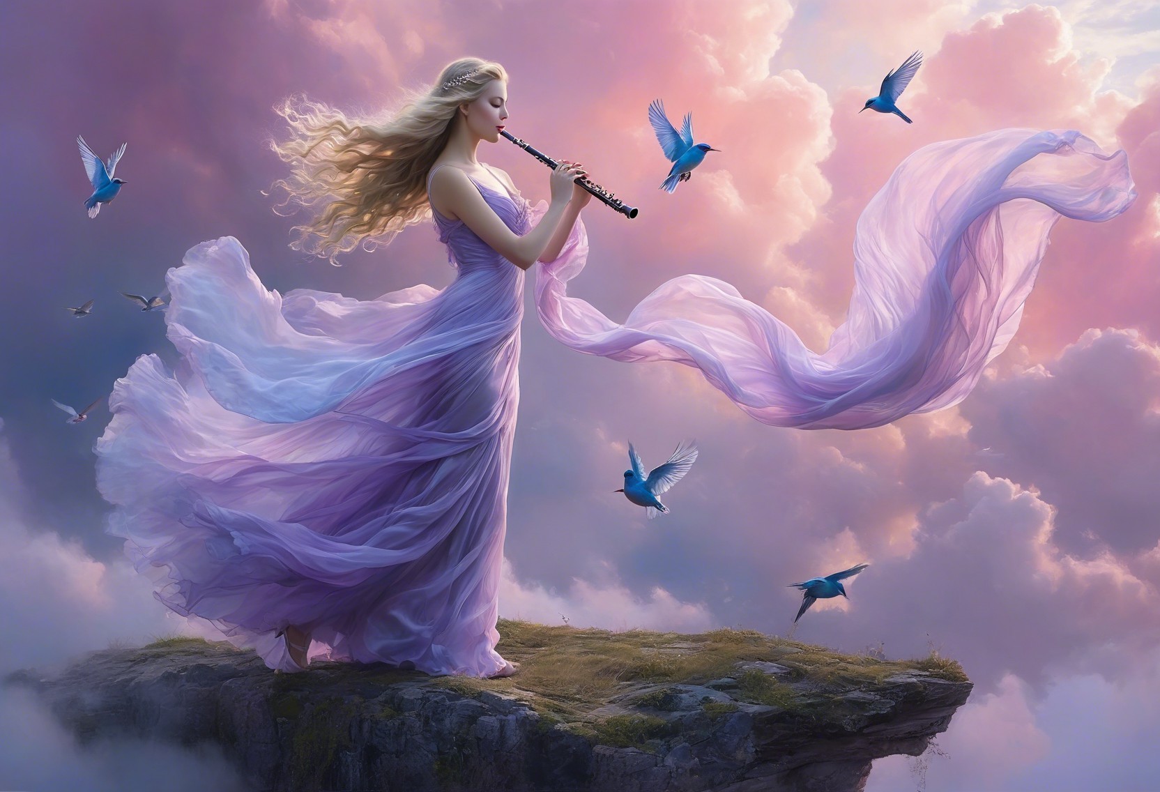 Ethereal Woman in Lavender Gown Playing Flute Outdoors