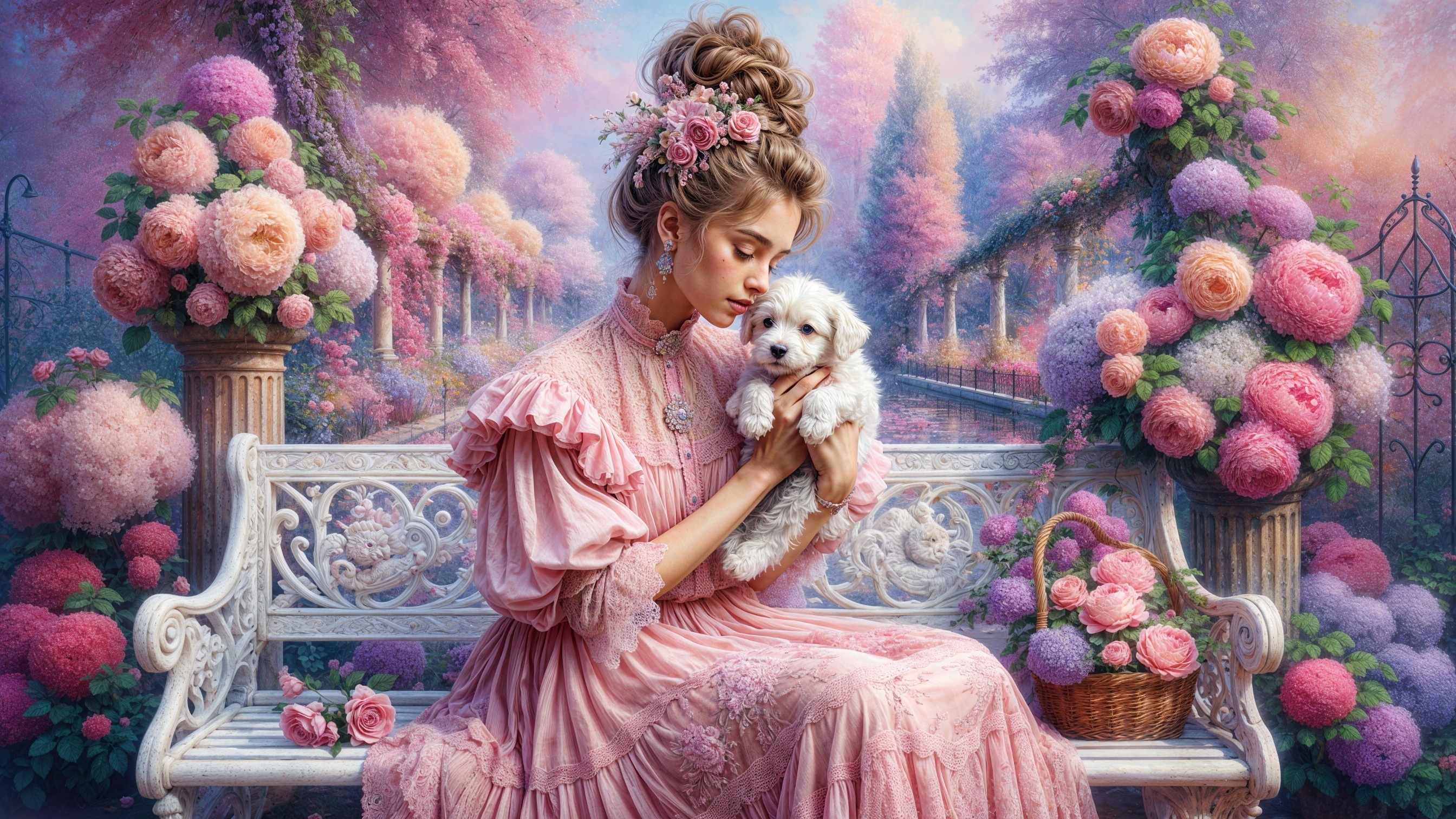 Young Woman in Pink Dress in Whimsical Garden