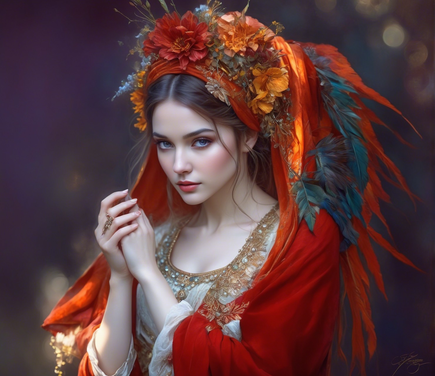Young woman in elegant red attire with floral headpiece