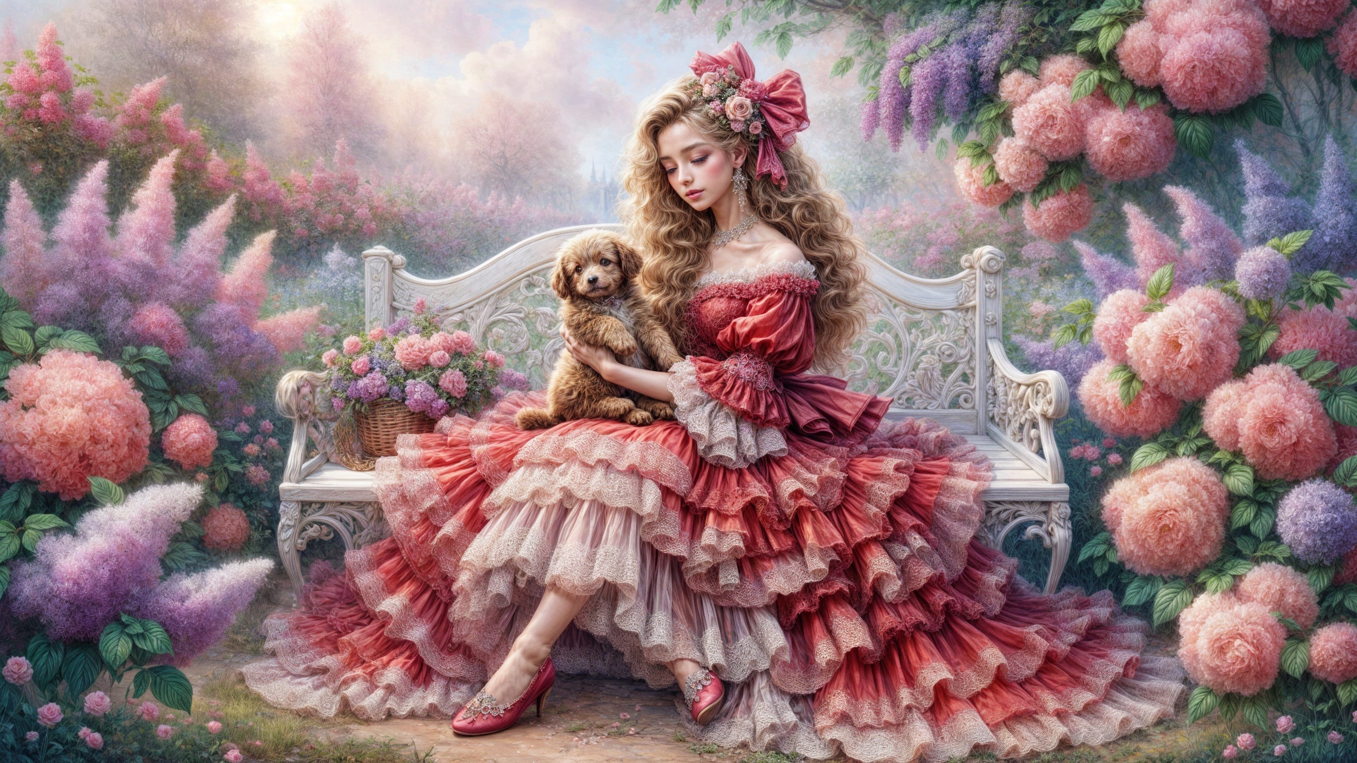 Young Woman in Elegant Gown with Dog in Garden