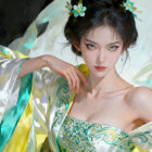 Young woman in elegant gown with floral accessory