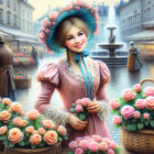 Blonde Woman in Pink Dress with Flower Crown on Bench