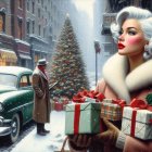 Digital painting of a blonde woman in snowy street scene