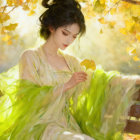 Fairy Tale Scene with Young Woman in Autumn Setting