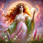 Mystical Woman in Enchanted Landscape with Glowing Orb