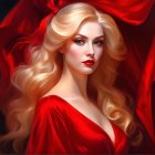 Young woman in red dress with flowers and soft lighting