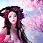 Portrait of a Woman with Black Hair and Pink Feathers