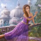 Serene Woman in Lavender Gown Overlooking Coastline