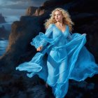 Woman in Blue Gown on Rocky Cliff by Misty Coastline