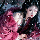 Woman in Red Blanket on Snowy Landscape with Leaves