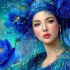 Young woman with blue flower crown in dreamy setting