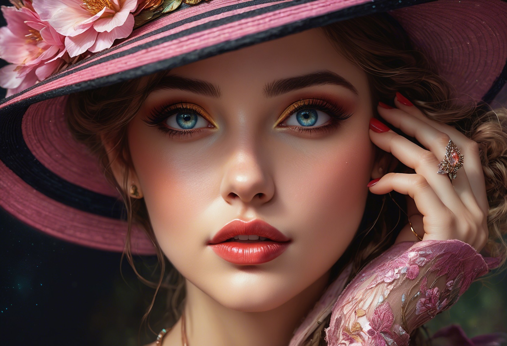 Close-Up Portrait of a Young Woman in Pink Hat