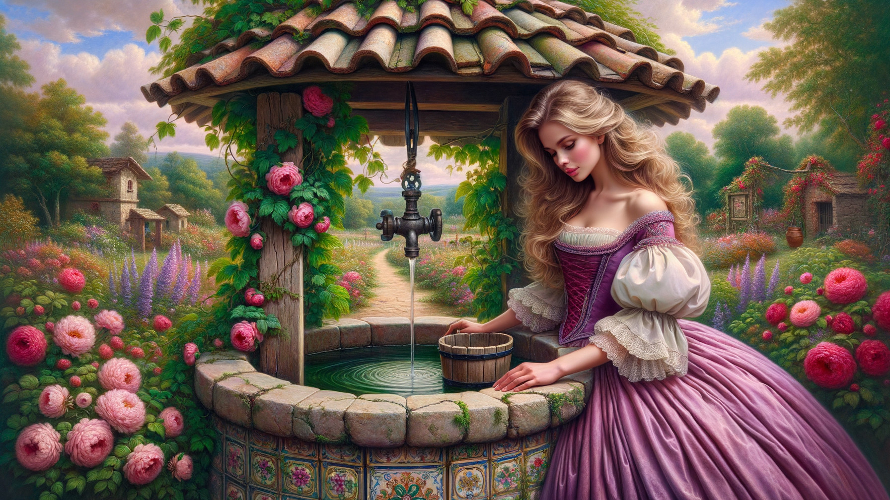 Young Woman in Lavender Dress by Stone Well in Nature