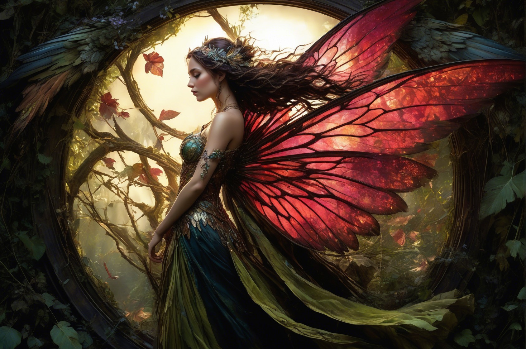 Serene fairy in circular frame with vibrant wings