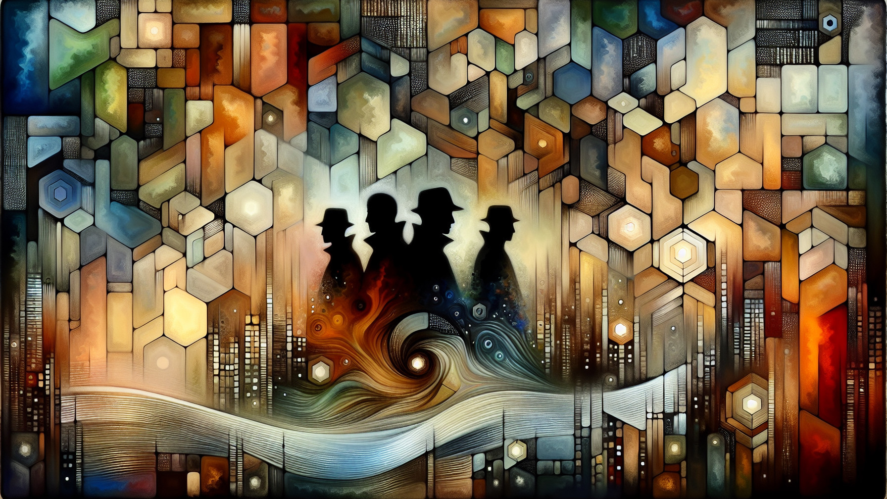 Vibrant Abstract Background with Silhouetted Figures
