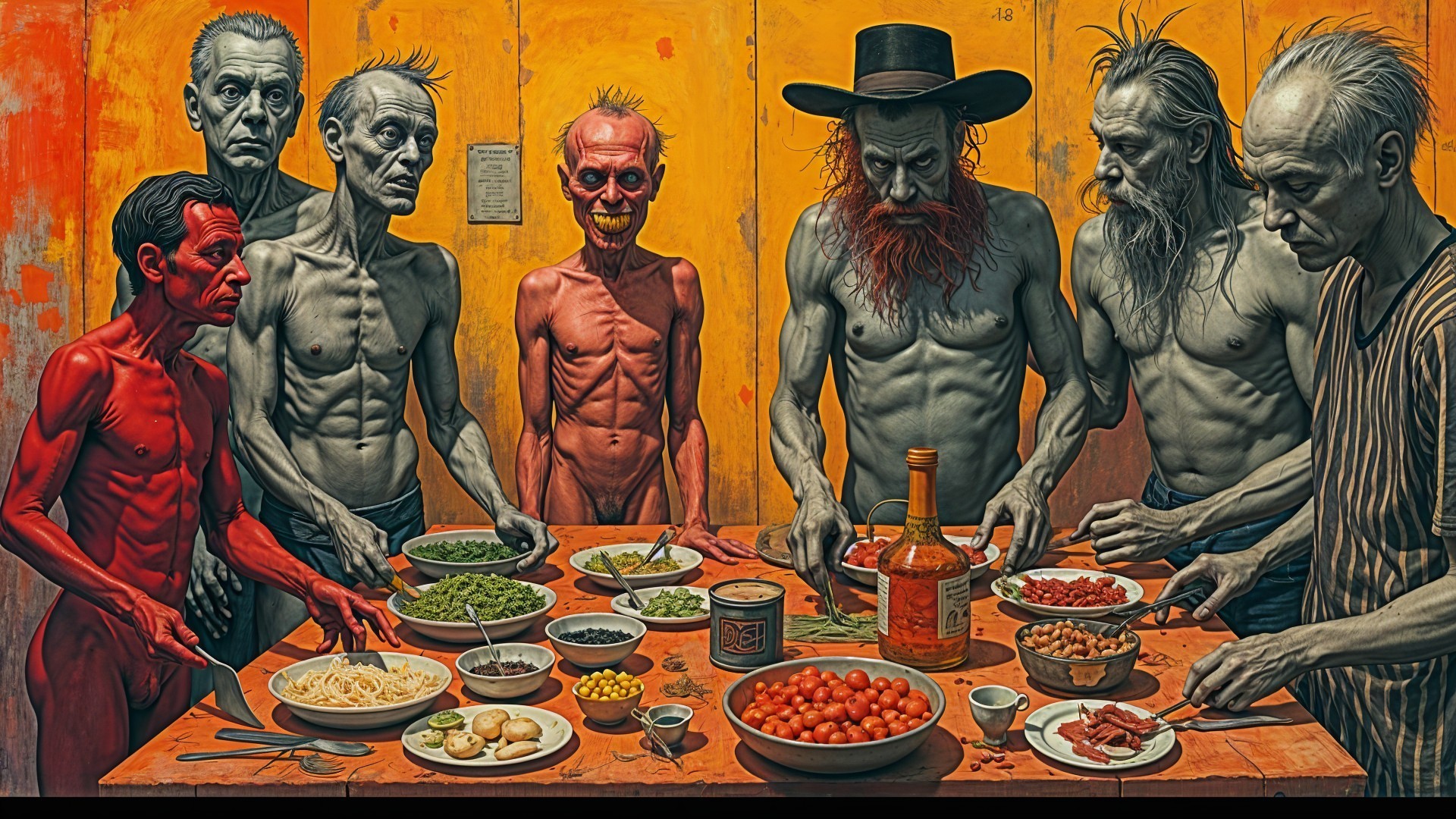Group of Muscular Figures Around a Table of Dishes
