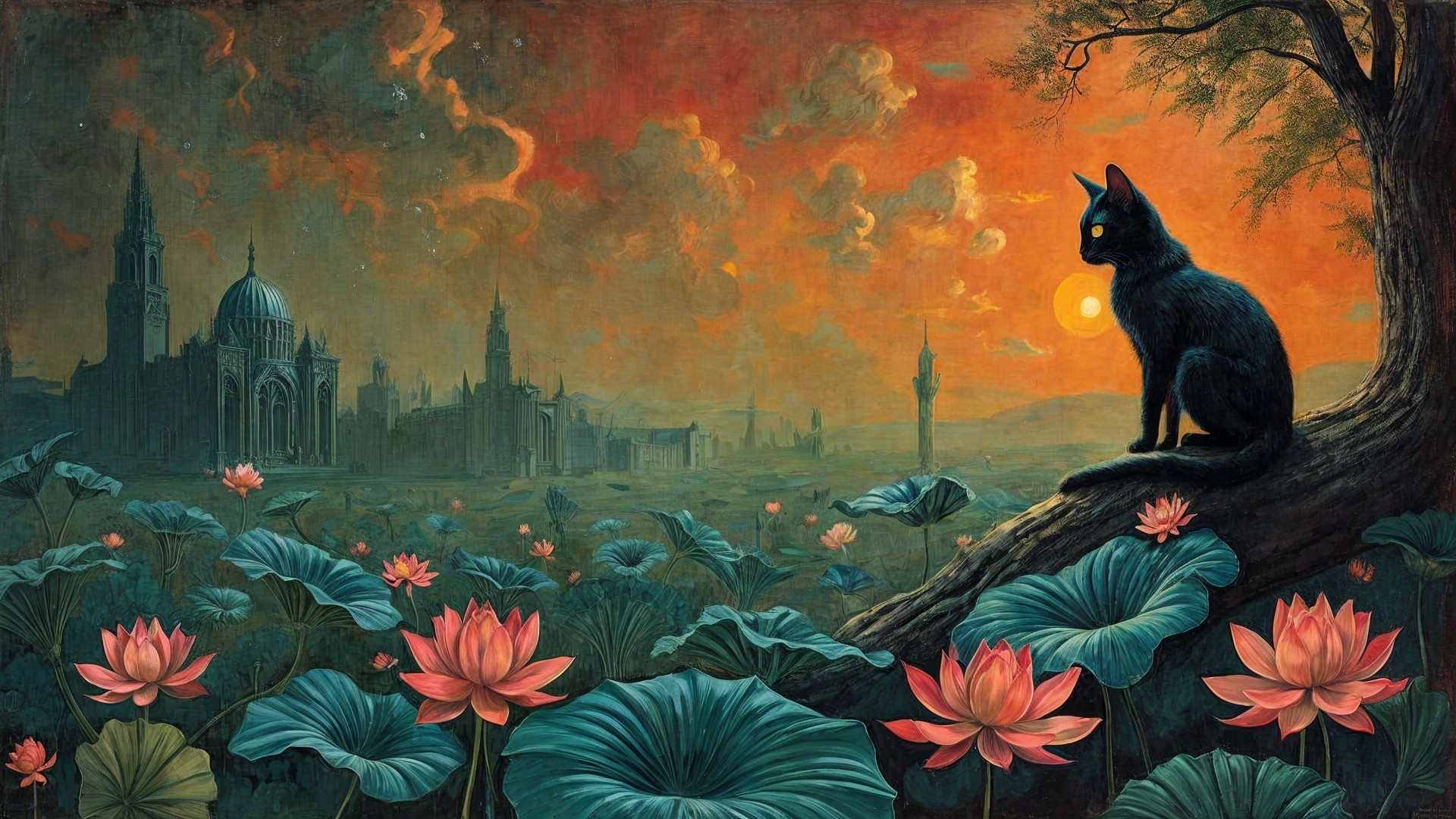 Black Cat on Tree at Sunset with Lotus Flowers