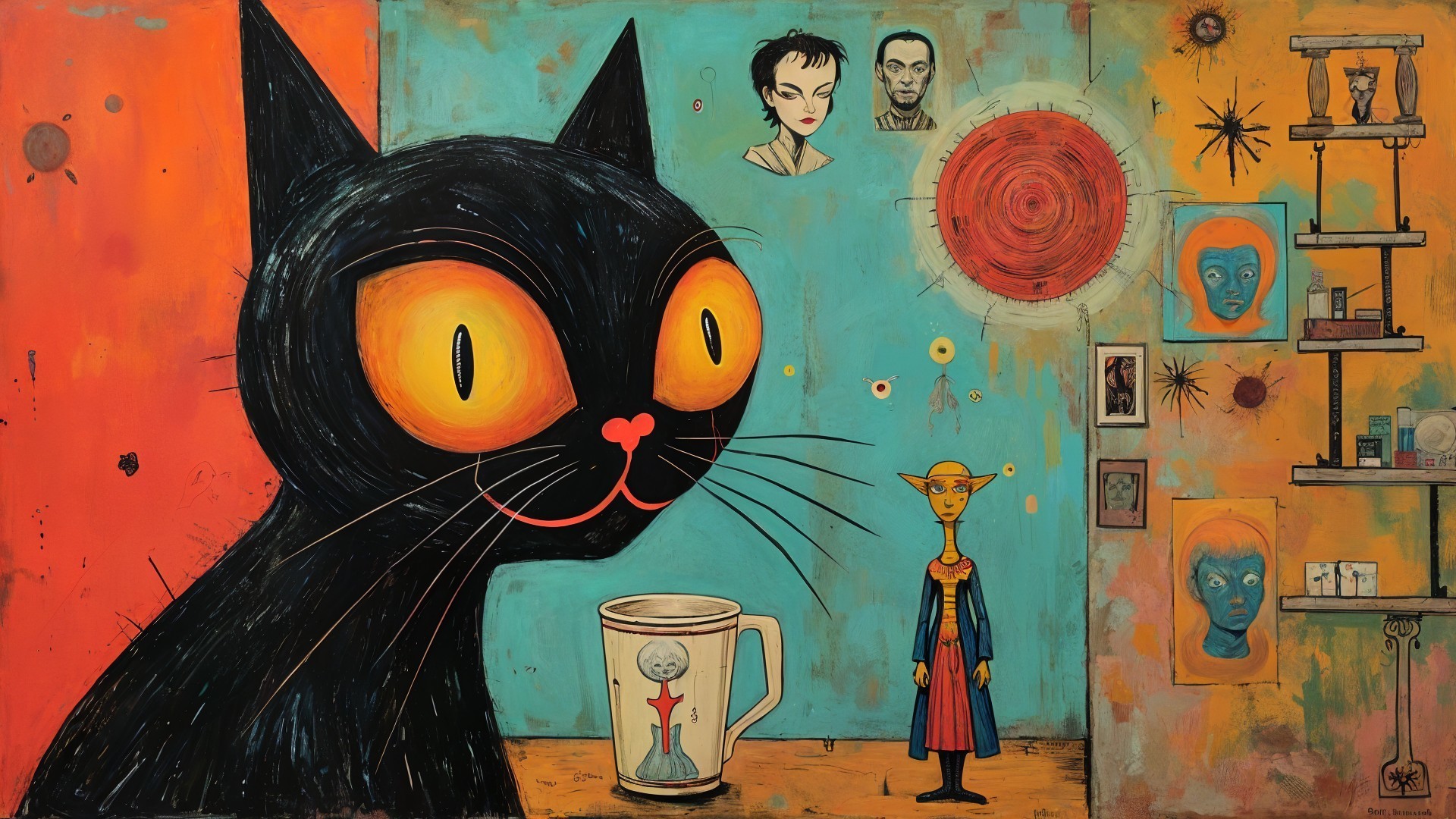 Whimsical Artwork of a Black Cat and Surreal Elements