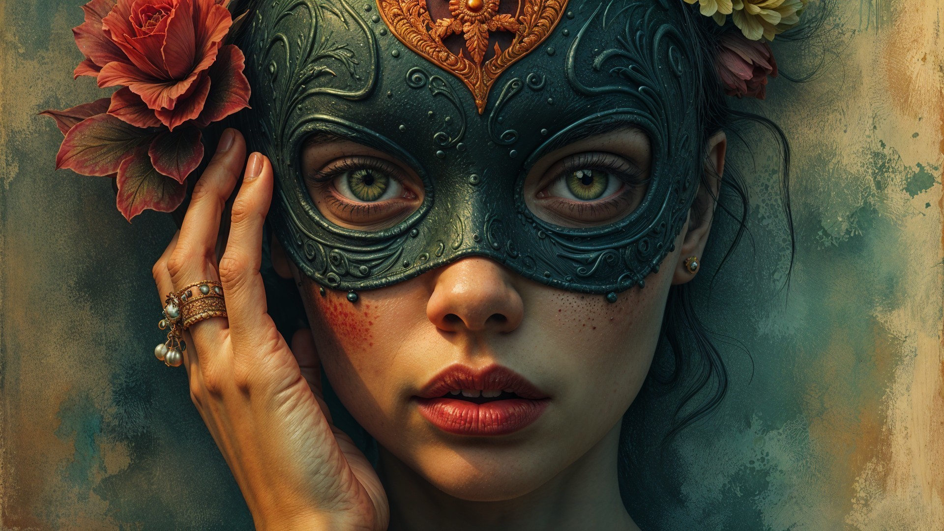 Woman in Ornate Floral Mask with Green Eyes