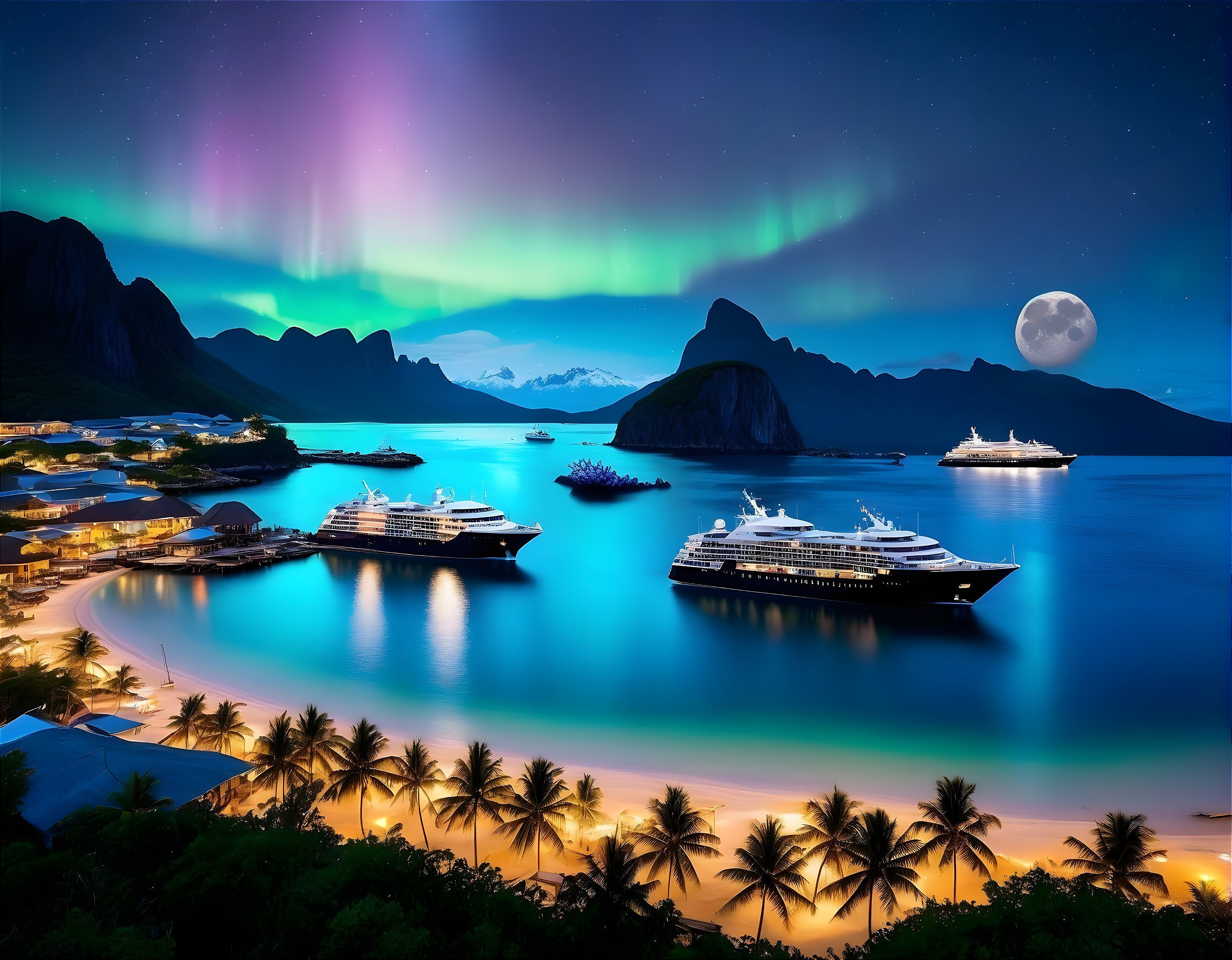 Luxury yachts in picturesque harbor under Aurora Borealis.