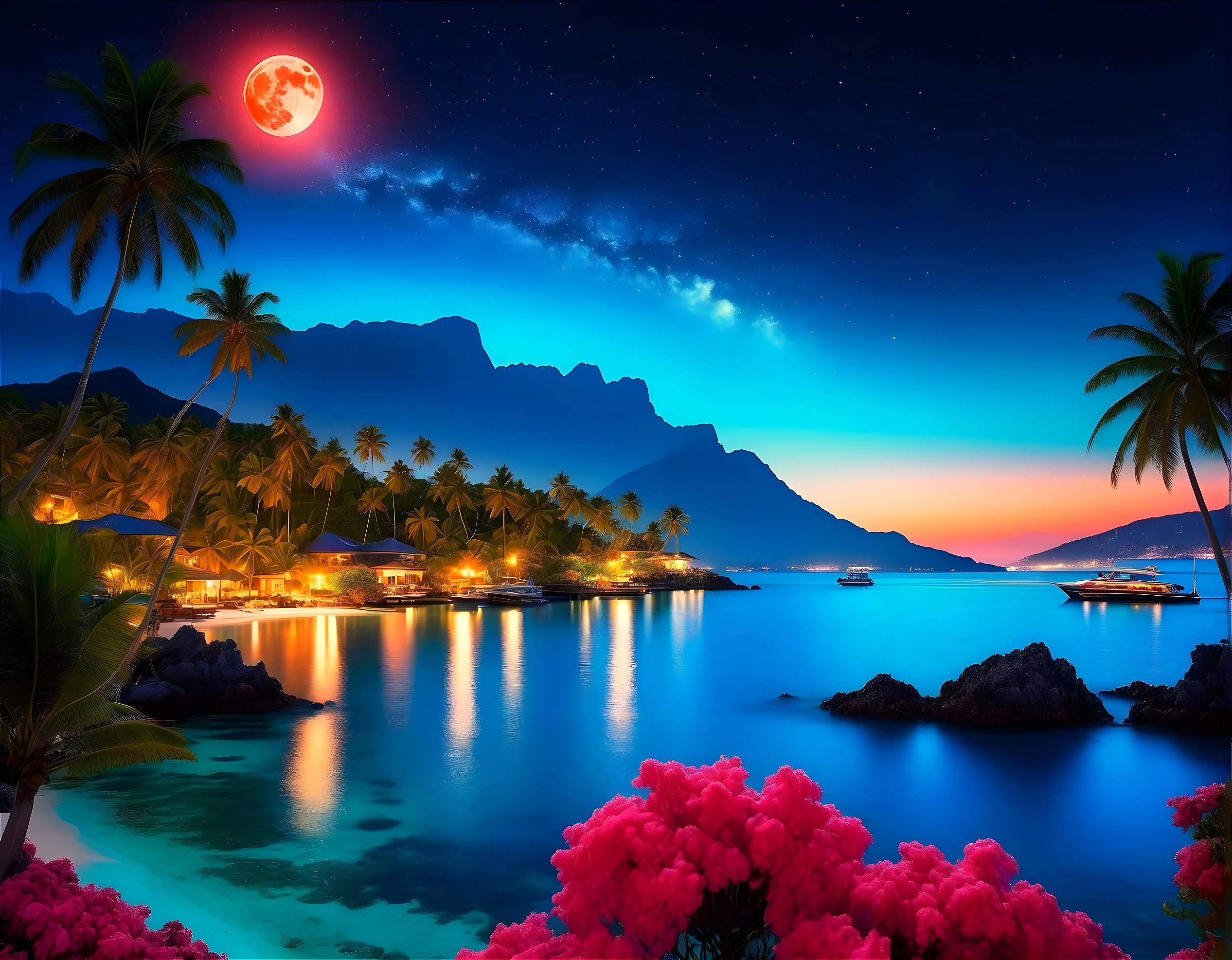Tropical Beach Night Scene with Red Moon and Palm Trees