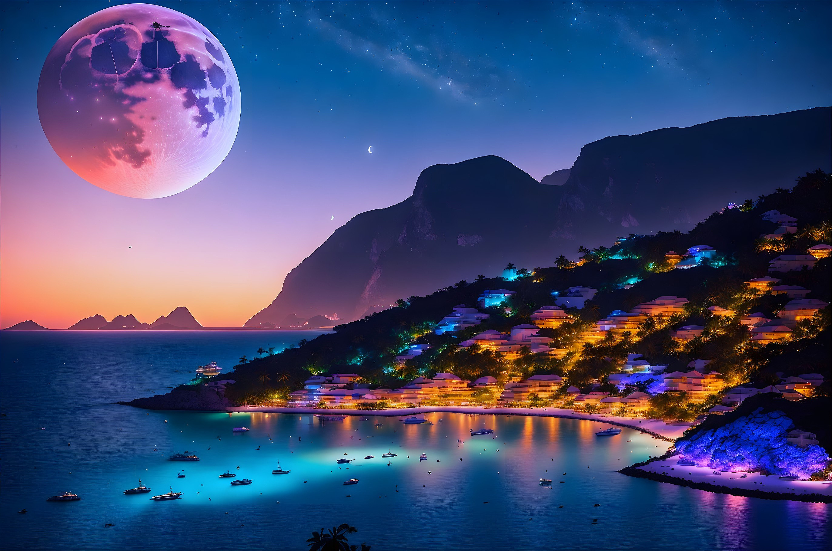 Seaside town illuminated by a giant moon