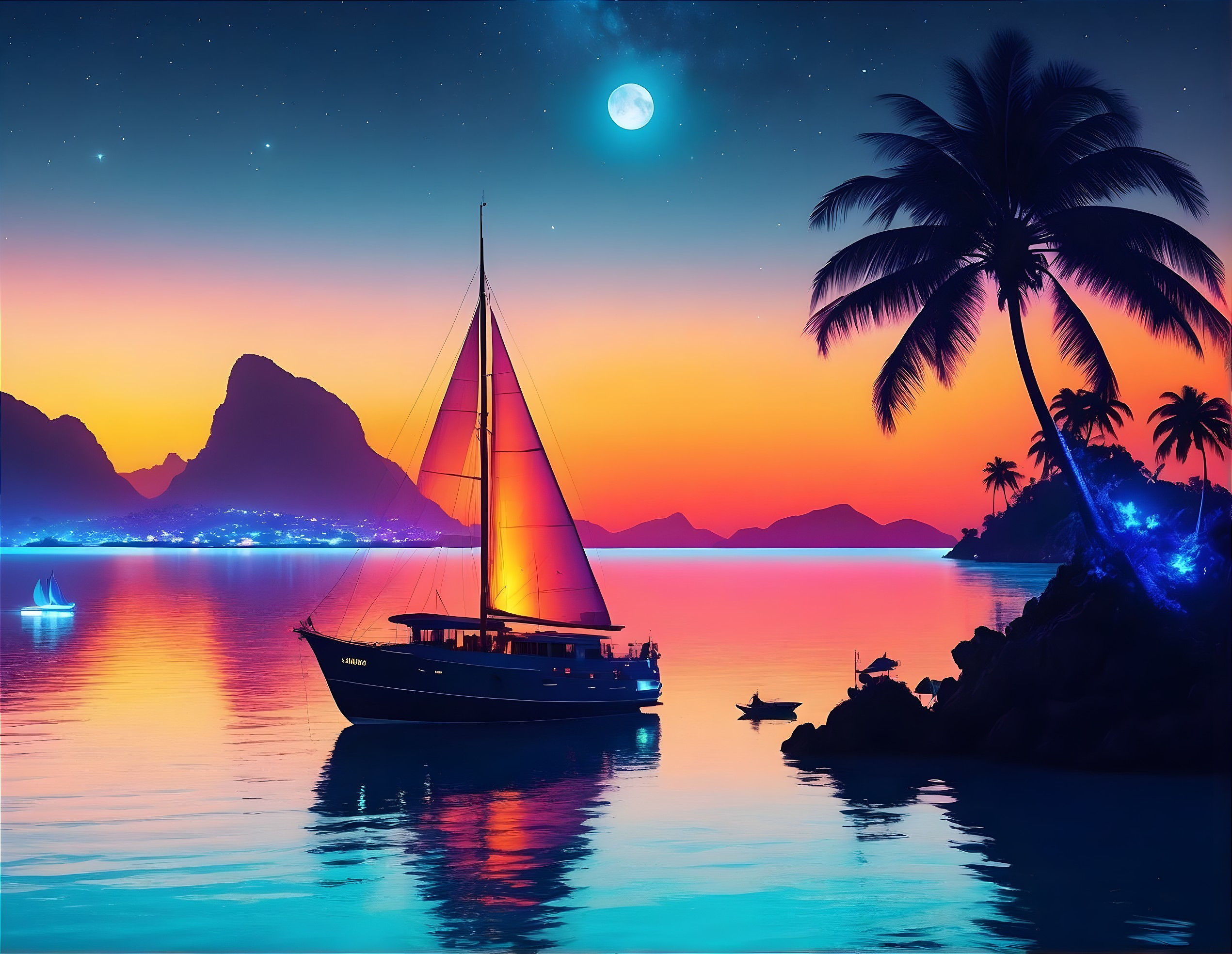 Sailboat on tranquil waters at dusk with vibrant sunset, silhouetted palms, distant coastline